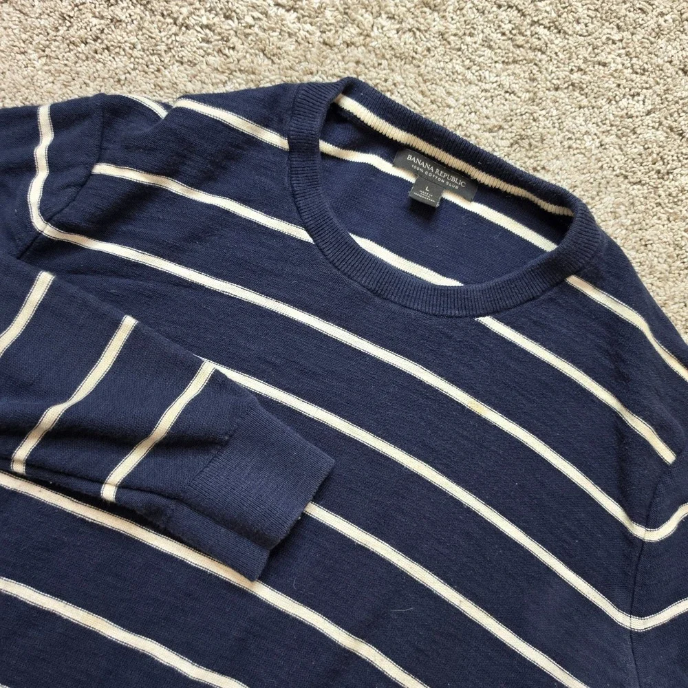 Banana Republic Sweater Mens Large Navy Blue White Striped Cotton Slub Nautical